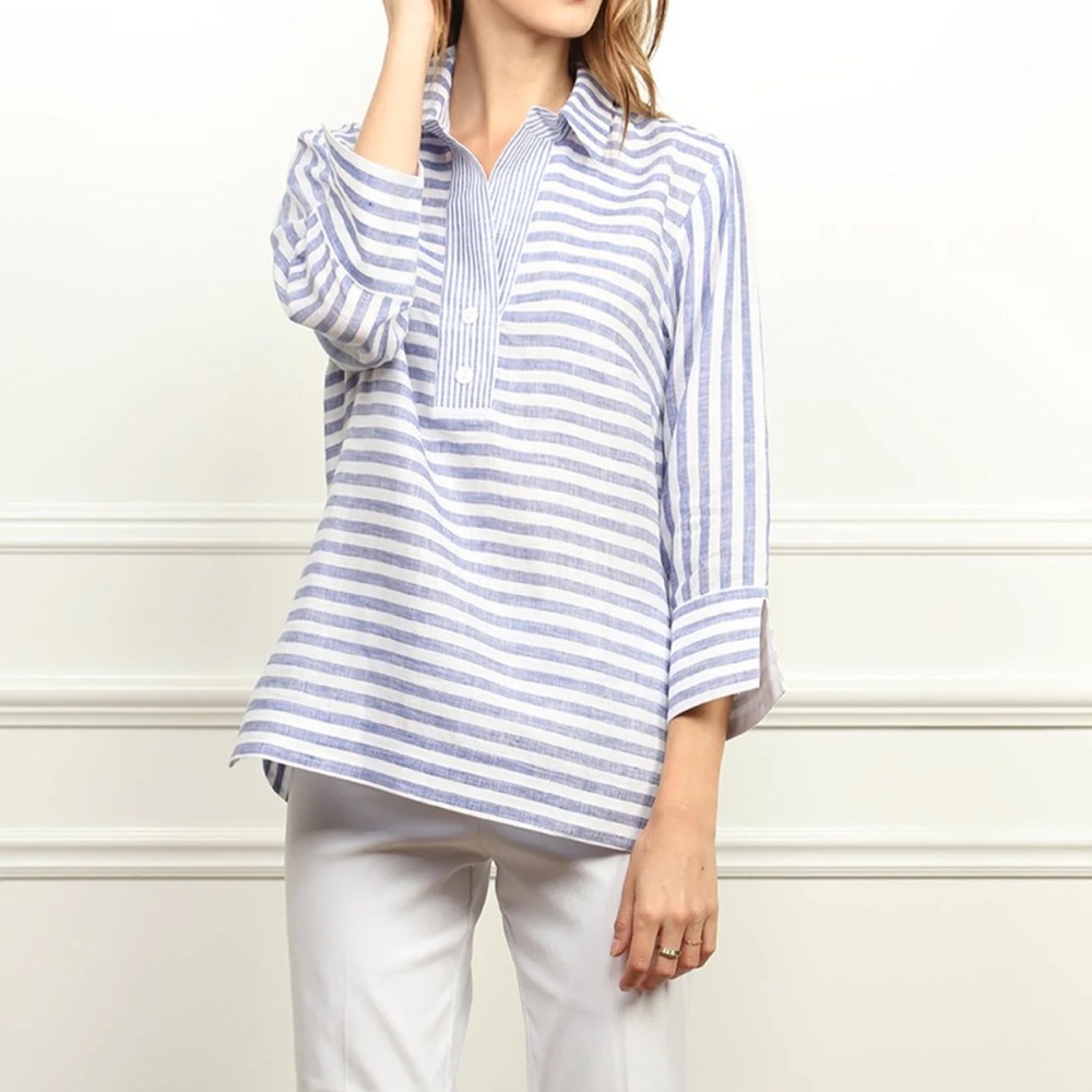 Hinson Wu NWOT size 6 the Aileen luxe linen blue‎ &white 3/4 sleeve tunic top